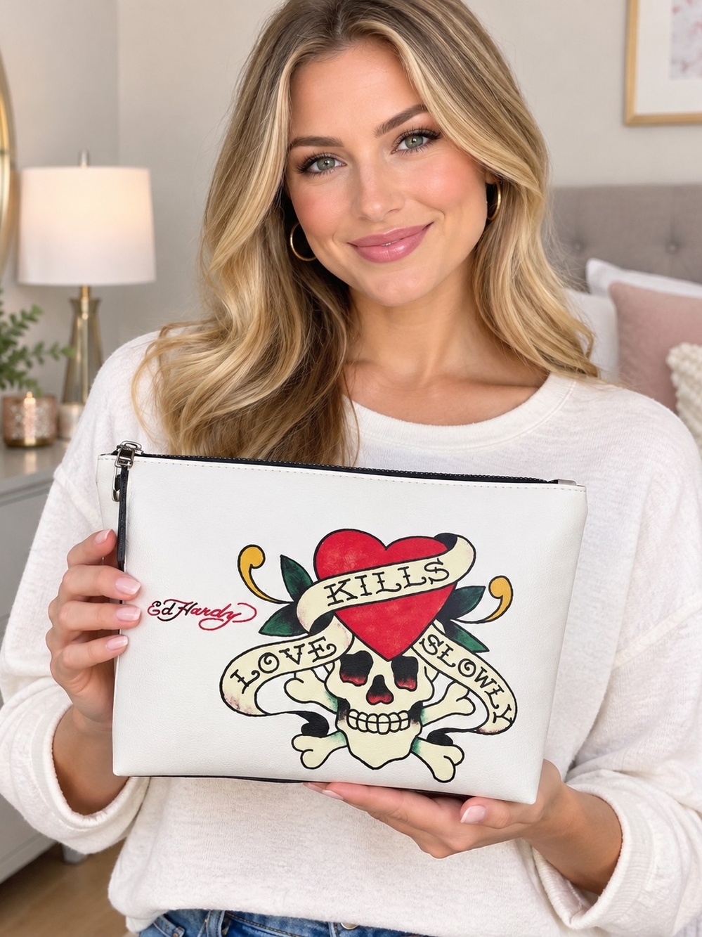 🌼 Ed Hardy NWT White Tattoo-Print Zip Pouch with Red Heart & Green Accents